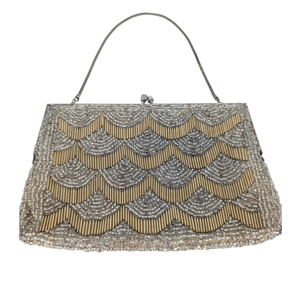 VTG Beaded Evening Bag Small Gold Silver Art Deco Kiss Lock Clutch Formal Glam